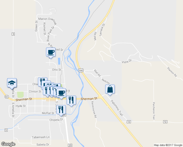 map of restaurants, bars, coffee shops, grocery stores, and more near Redcliff Circle in Ridgway