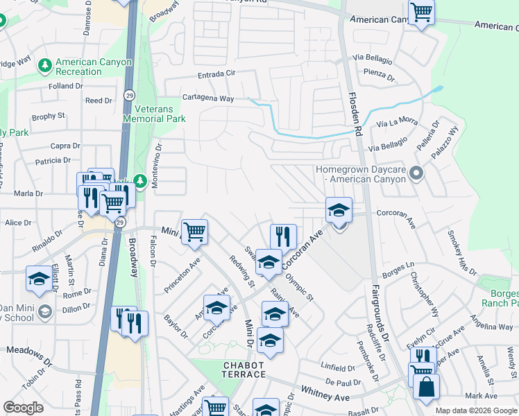 map of restaurants, bars, coffee shops, grocery stores, and more near 3 Condor Court in American Canyon