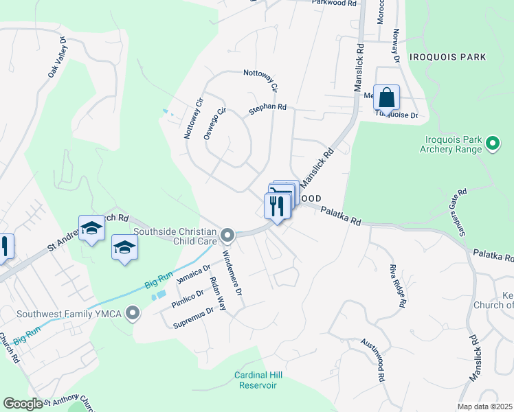map of restaurants, bars, coffee shops, grocery stores, and more near 2510 Pennacook Road in Louisville