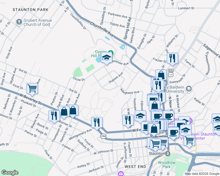 map of restaurants, bars, coffee shops, grocery stores, and more near 320 Dupont Avenue in Staunton