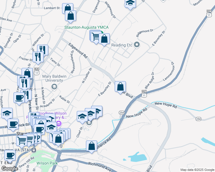 map of restaurants, bars, coffee shops, grocery stores, and more near East Beverley Street in Staunton