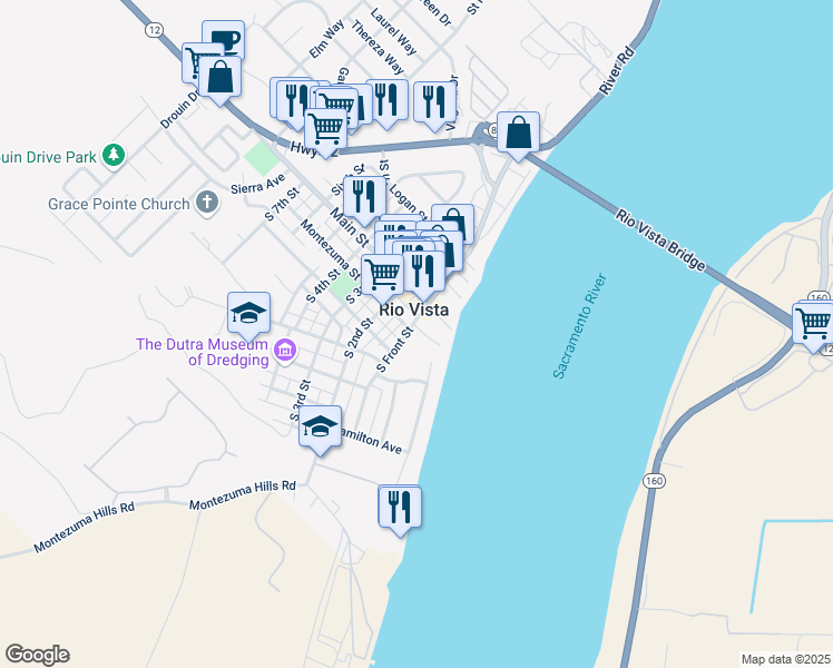 map of restaurants, bars, coffee shops, grocery stores, and more near in Rio Vista