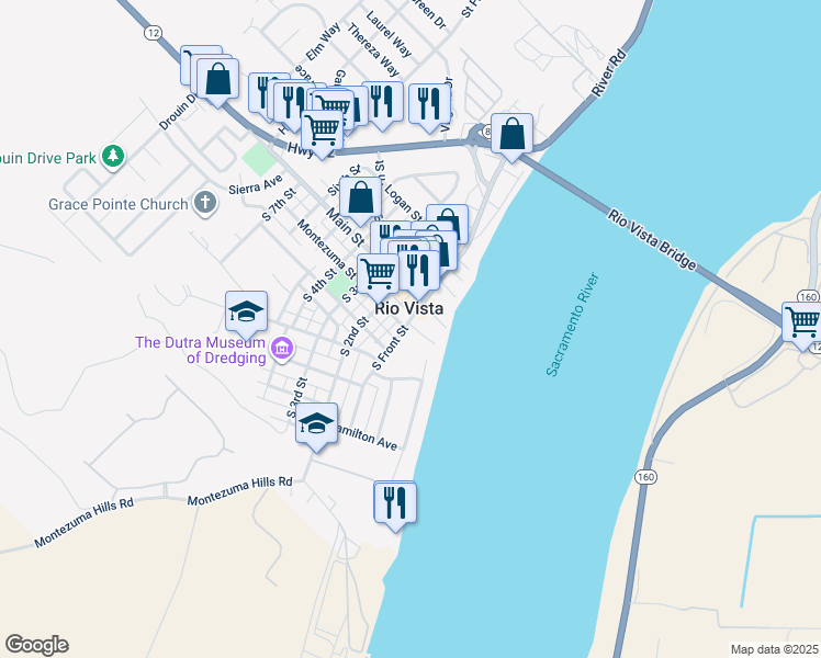 map of restaurants, bars, coffee shops, grocery stores, and more near in Rio Vista