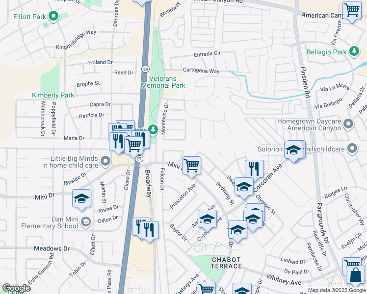 map of restaurants, bars, coffee shops, grocery stores, and more near 34 Goldfinch Drive in American Canyon
