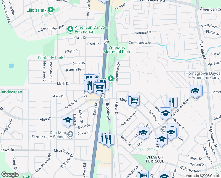 map of restaurants, bars, coffee shops, grocery stores, and more near Broadway in American Canyon