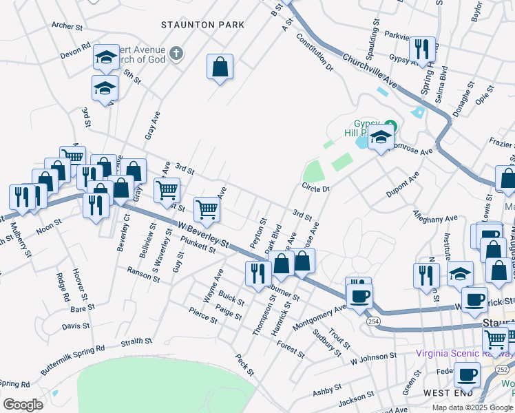 map of restaurants, bars, coffee shops, grocery stores, and more near 121 Olive Street in Staunton