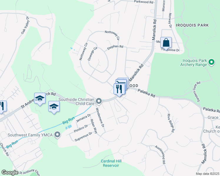 map of restaurants, bars, coffee shops, grocery stores, and more near 2510 Pennacook Road in Louisville