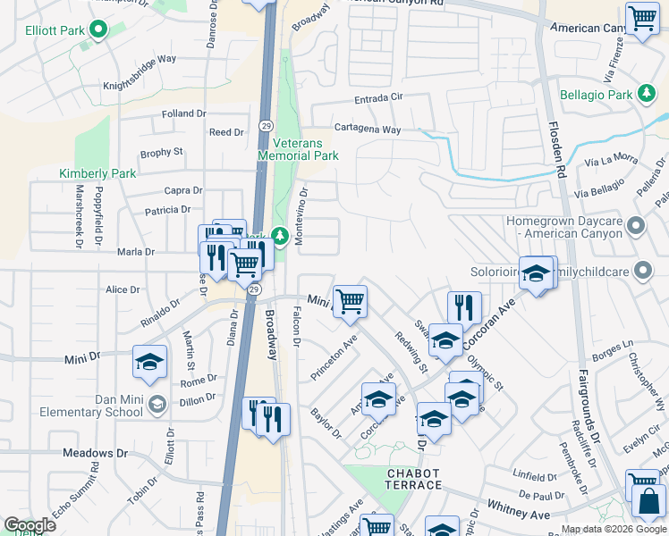 map of restaurants, bars, coffee shops, grocery stores, and more near 34 Goldfinch Drive in American Canyon