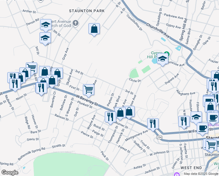 map of restaurants, bars, coffee shops, grocery stores, and more near 121 Olive Street in Staunton