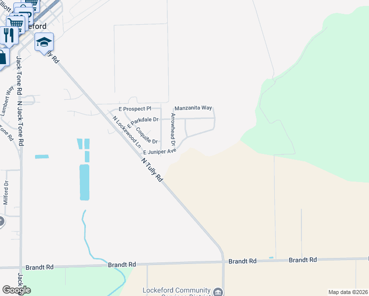 map of restaurants, bars, coffee shops, grocery stores, and more near 14663 East Juniper Avenue in Lockeford