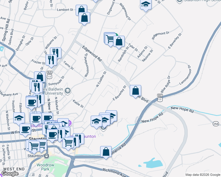 map of restaurants, bars, coffee shops, grocery stores, and more near 369 Sherwood Avenue in Staunton