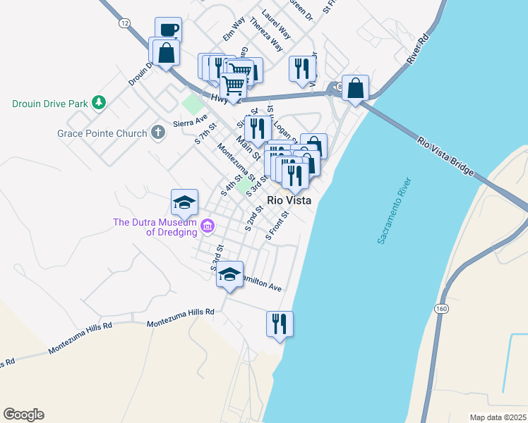 map of restaurants, bars, coffee shops, grocery stores, and more near 128 California Street in Rio Vista