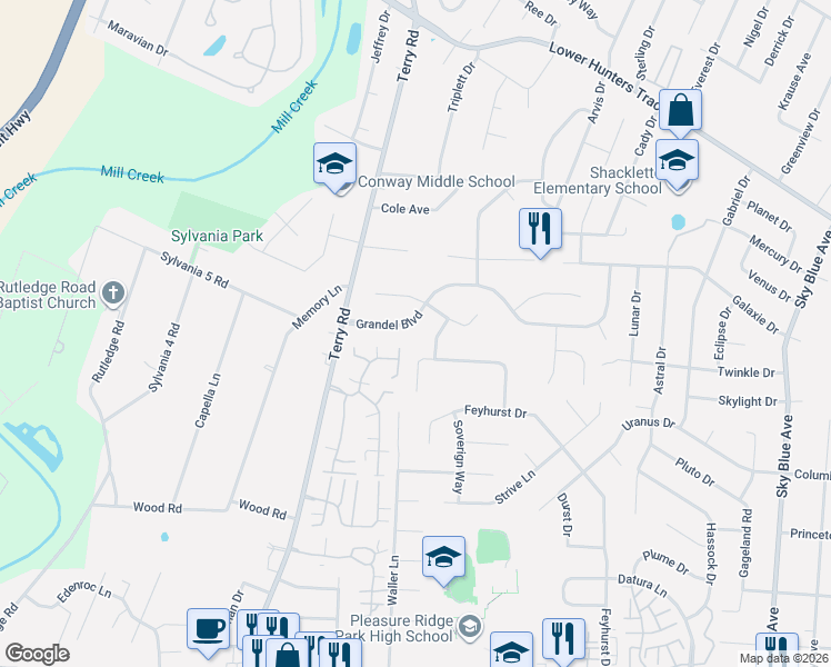 map of restaurants, bars, coffee shops, grocery stores, and more near 5909 Grandel Boulevard in Louisville
