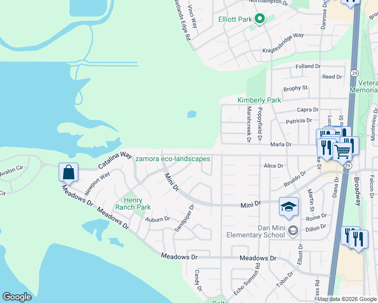 map of restaurants, bars, coffee shops, grocery stores, and more near 1608 Severus Drive in American Canyon
