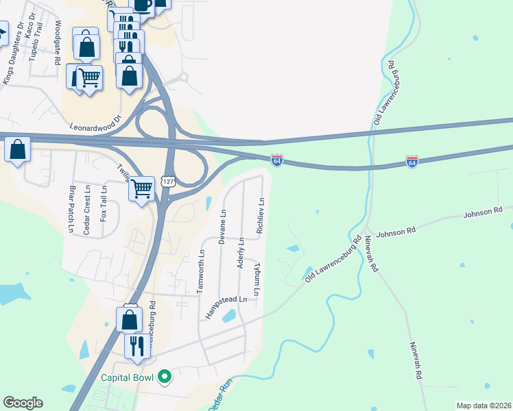 map of restaurants, bars, coffee shops, grocery stores, and more near 1140 Richliev Lane in Frankfort