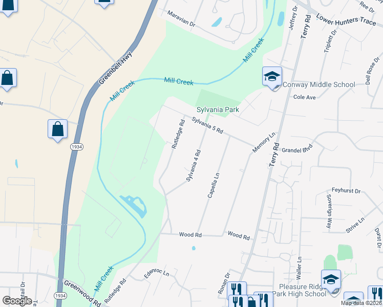 map of restaurants, bars, coffee shops, grocery stores, and more near 6700 Sylvania 4 Road in Louisville