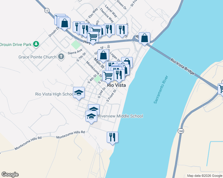 map of restaurants, bars, coffee shops, grocery stores, and more near in Rio Vista