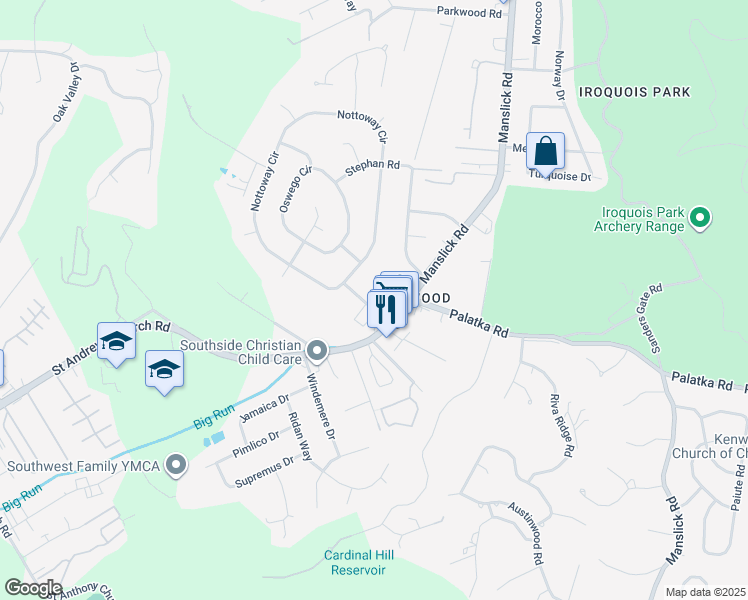 map of restaurants, bars, coffee shops, grocery stores, and more near 2521 Pennacook Road in Louisville