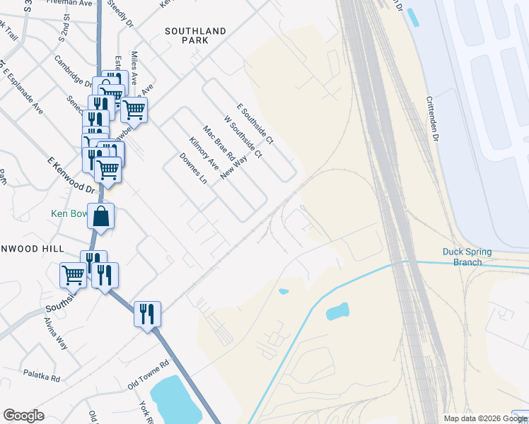 map of restaurants, bars, coffee shops, grocery stores, and more near 6606 Rob Roy Street in Louisville
