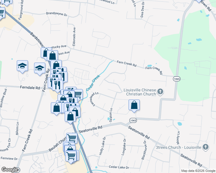 map of restaurants, bars, coffee shops, grocery stores, and more near 6703 Obryan Road in Louisville