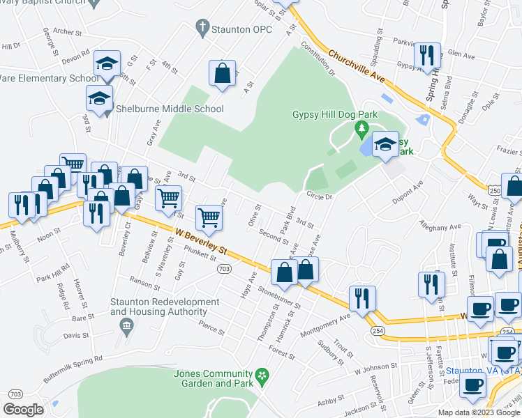 map of restaurants, bars, coffee shops, grocery stores, and more near 121 Olive Street in Staunton