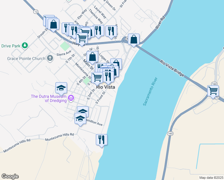 map of restaurants, bars, coffee shops, grocery stores, and more near 1 Main Street in Rio Vista