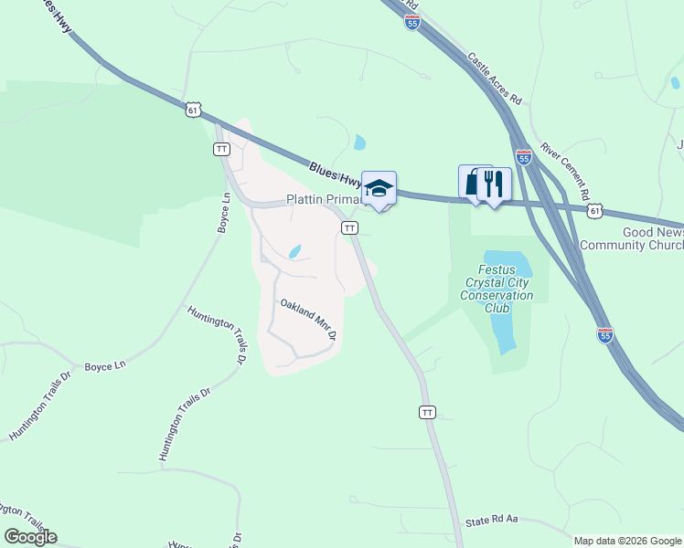 map of restaurants, bars, coffee shops, grocery stores, and more near 2580 South Ridge Lane in Festus