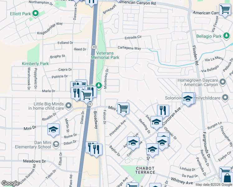 map of restaurants, bars, coffee shops, grocery stores, and more near 34 Goldfinch Drive in American Canyon
