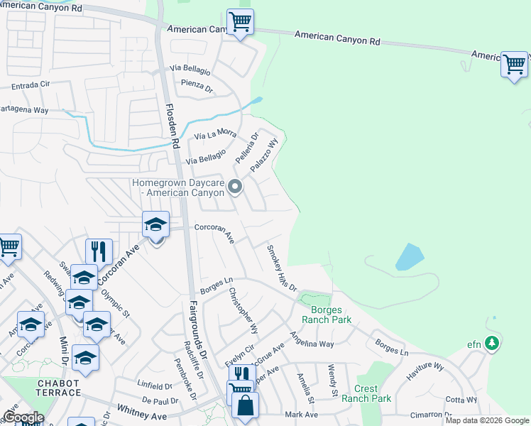 map of restaurants, bars, coffee shops, grocery stores, and more near 38 Palestrina Court in American Canyon