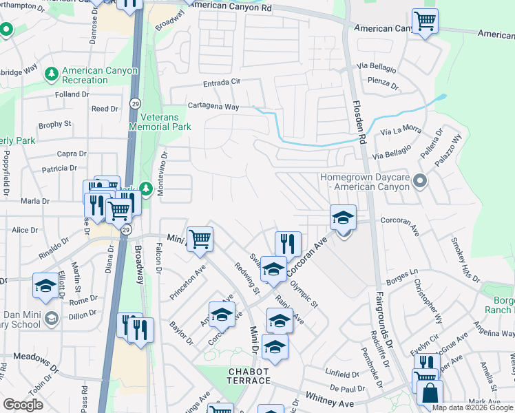 map of restaurants, bars, coffee shops, grocery stores, and more near 3 Condor Court in American Canyon
