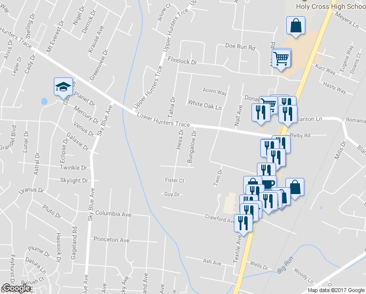 map of restaurants, bars, coffee shops, grocery stores, and more near 5413 Hess Drive in Louisville
