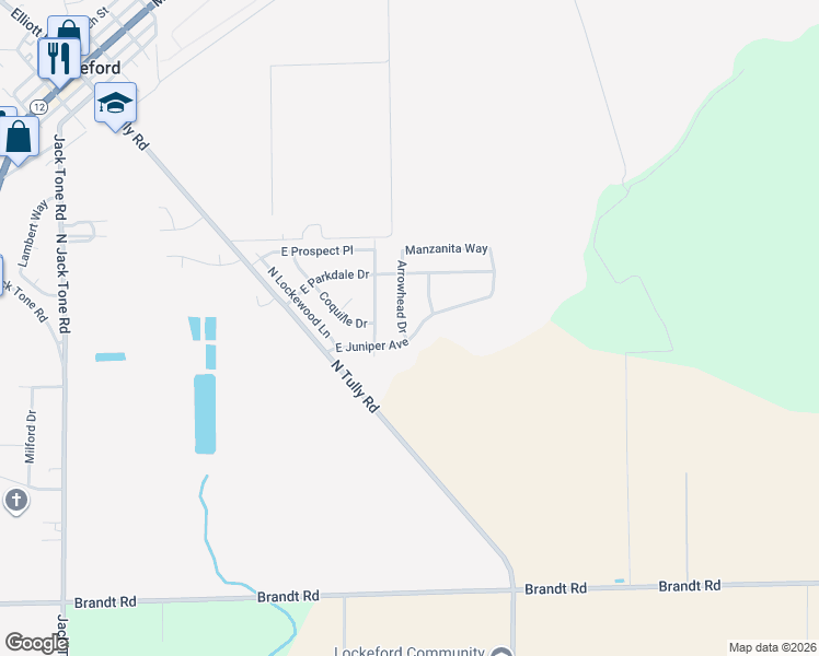 map of restaurants, bars, coffee shops, grocery stores, and more near 14663 East Juniper Avenue in Lockeford