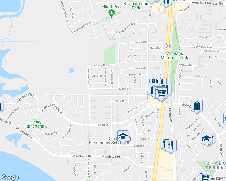 map of restaurants, bars, coffee shops, grocery stores, and more near 503 Marla Drive in American Canyon