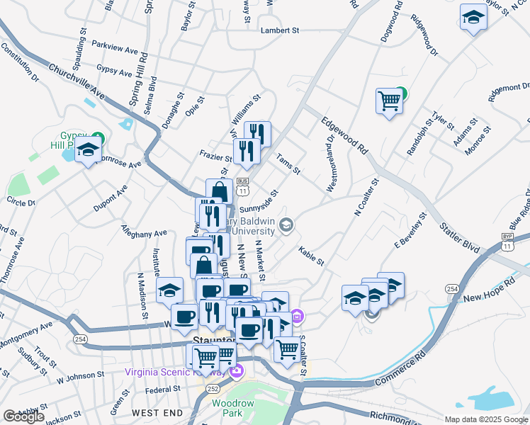 map of restaurants, bars, coffee shops, grocery stores, and more near 427 North Market Street in Staunton