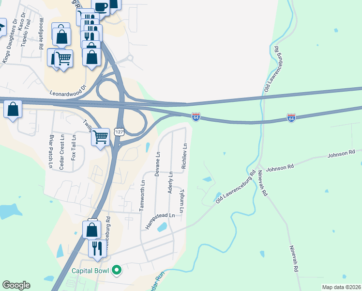 map of restaurants, bars, coffee shops, grocery stores, and more near 1140 Richliev Lane in Frankfort