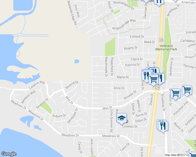 map of restaurants, bars, coffee shops, grocery stores, and more near 553 Marla Dr in American Canyon