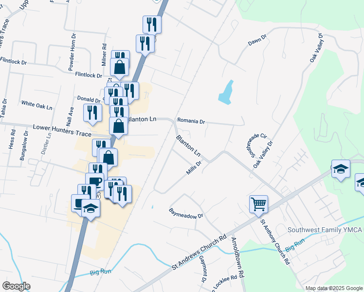 map of restaurants, bars, coffee shops, grocery stores, and more near 3814 Blanton Lane in Louisville