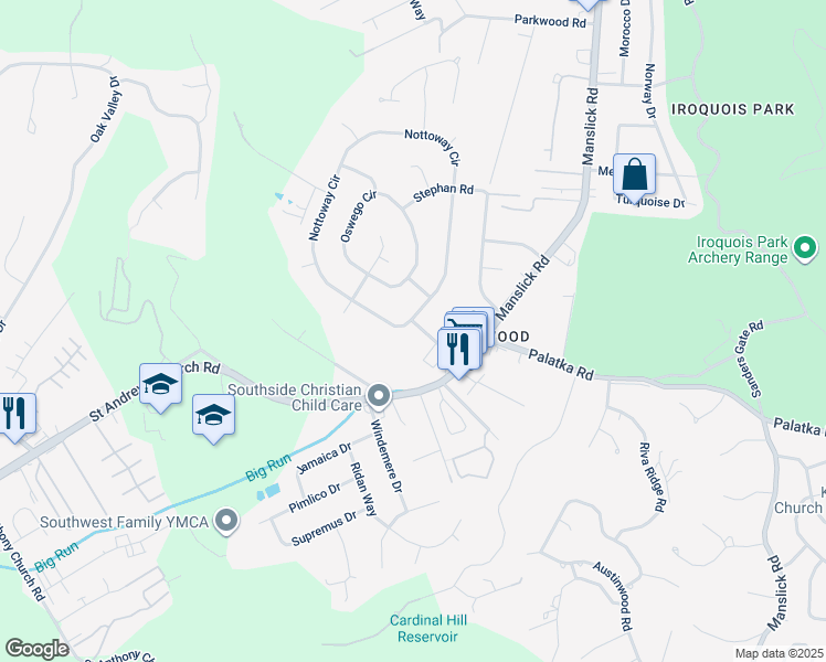 map of restaurants, bars, coffee shops, grocery stores, and more near 2510 Pennacook Road in Louisville