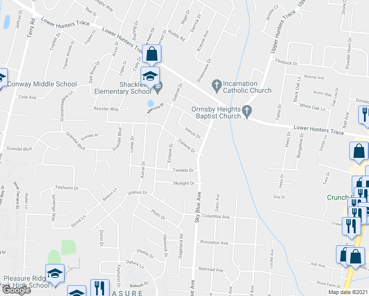 map of restaurants, bars, coffee shops, grocery stores, and more near 5210 Galaxie Drive in Louisville