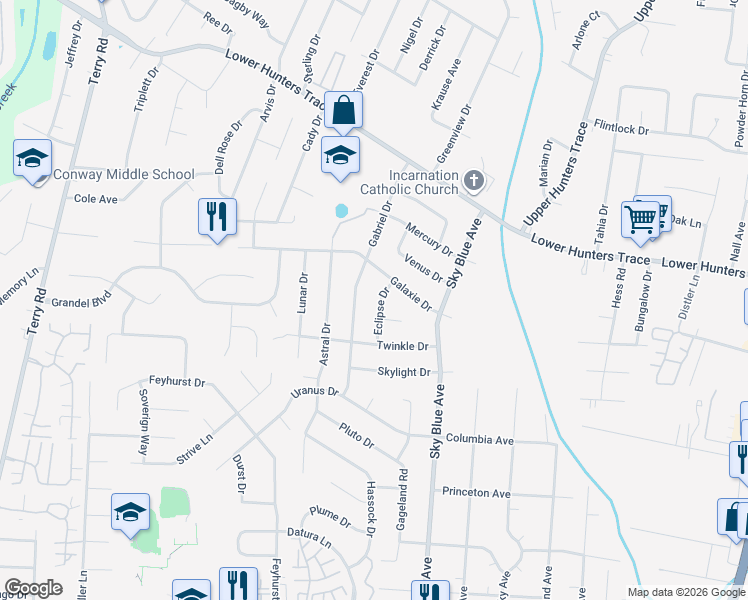 map of restaurants, bars, coffee shops, grocery stores, and more near 6606 Eclipse Drive in Louisville
