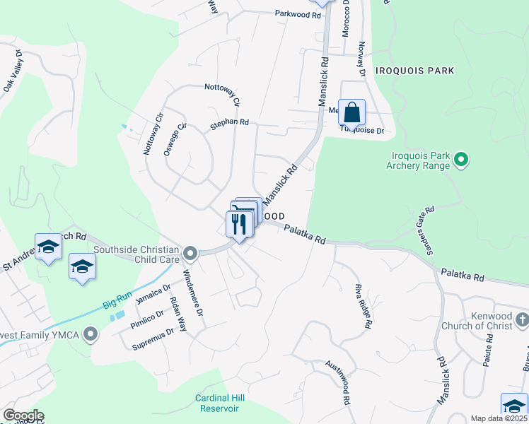 map of restaurants, bars, coffee shops, grocery stores, and more near 7205 Manslick Road in Louisville