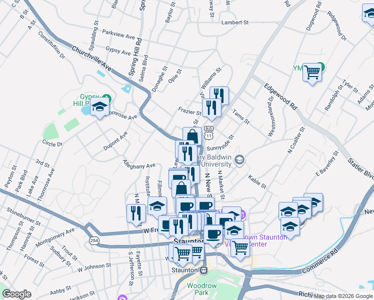 map of restaurants, bars, coffee shops, grocery stores, and more near 340 North Central Avenue in Staunton