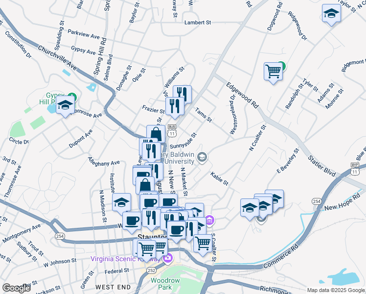 map of restaurants, bars, coffee shops, grocery stores, and more near 427 North Market Street in Staunton