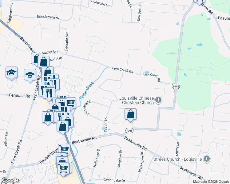 map of restaurants, bars, coffee shops, grocery stores, and more near 9615 Keeling Ridge Road in Louisville