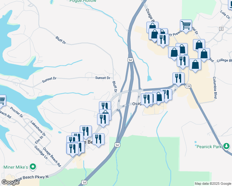 map of restaurants, bars, coffee shops, grocery stores, and more near 1067 Bluff Drive in Osage Beach