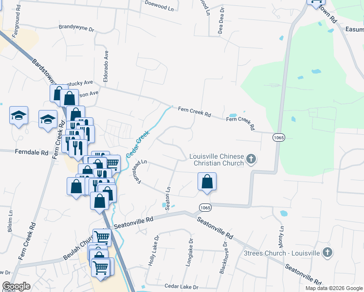 map of restaurants, bars, coffee shops, grocery stores, and more near 9615 Keeling Ridge Road in Louisville