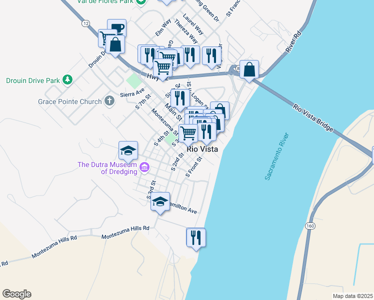 map of restaurants, bars, coffee shops, grocery stores, and more near 110 South 2nd Street in Rio Vista