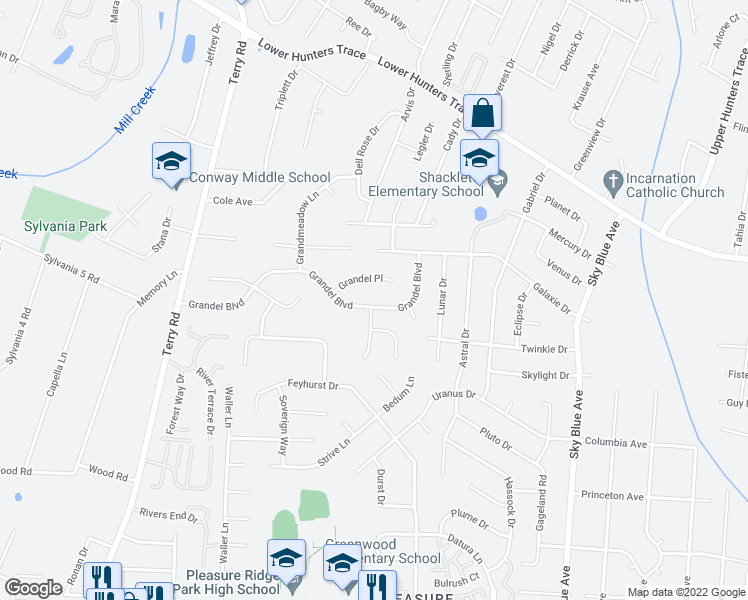 map of restaurants, bars, coffee shops, grocery stores, and more near 5609 Grandel Boulevard in Louisville