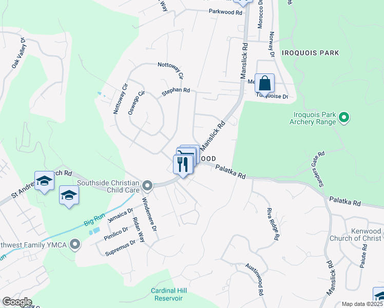 map of restaurants, bars, coffee shops, grocery stores, and more near 7205 Manslick Road in Louisville