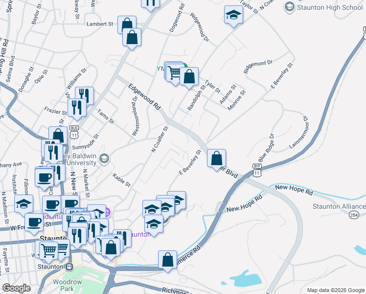 map of restaurants, bars, coffee shops, grocery stores, and more near 107 Waverley Green in Staunton